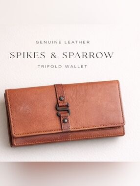 Spikes & Sparrow Genuine Leather Trifold Wallet Cognac Brown Snap Closure